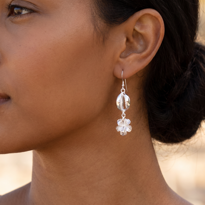 Hibiscus .925 Sterling Silver Earrings with Cowrie Shells