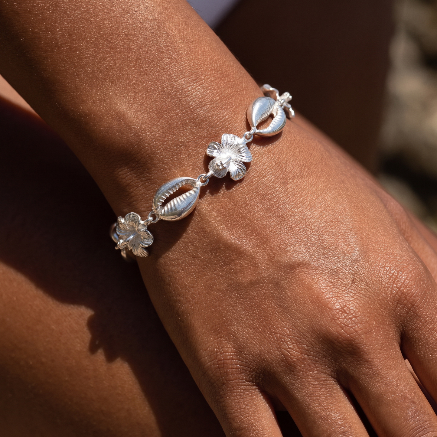 Hibiscus Flower and Cowrie Shell .925 Sterling Silver Adjustable Link Bracelet