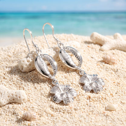 Hibiscus .925 Sterling Silver Earrings with Cowrie Shells