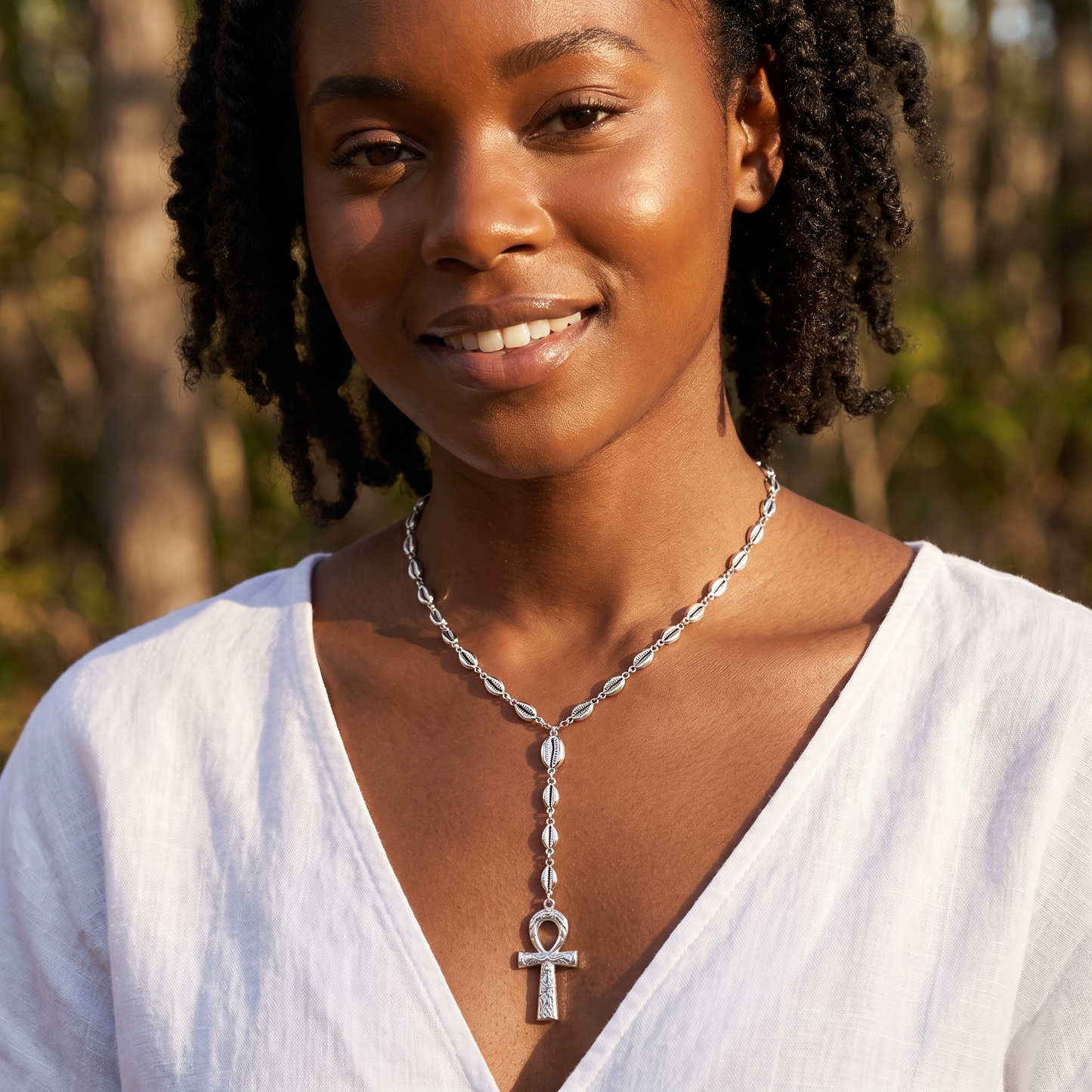 Cowrie Shell & Ankh Y .925 Sterling Silver Necklace Y-Shaped