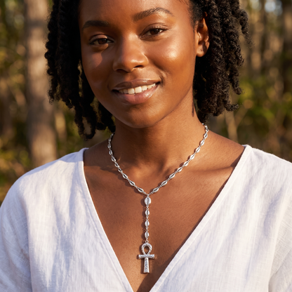 Cowrie Shell & Ankh Y .925 Sterling Silver Necklace Y-Shaped