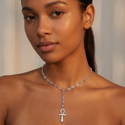 Cowrie Shell & Ankh Y .925 Sterling Silver Necklace Y-Shaped