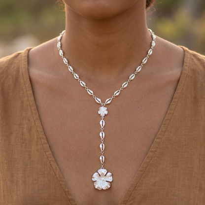 Cowrie Shell & Hibiscus .925 Sterling Silver Necklace Y-Shaped