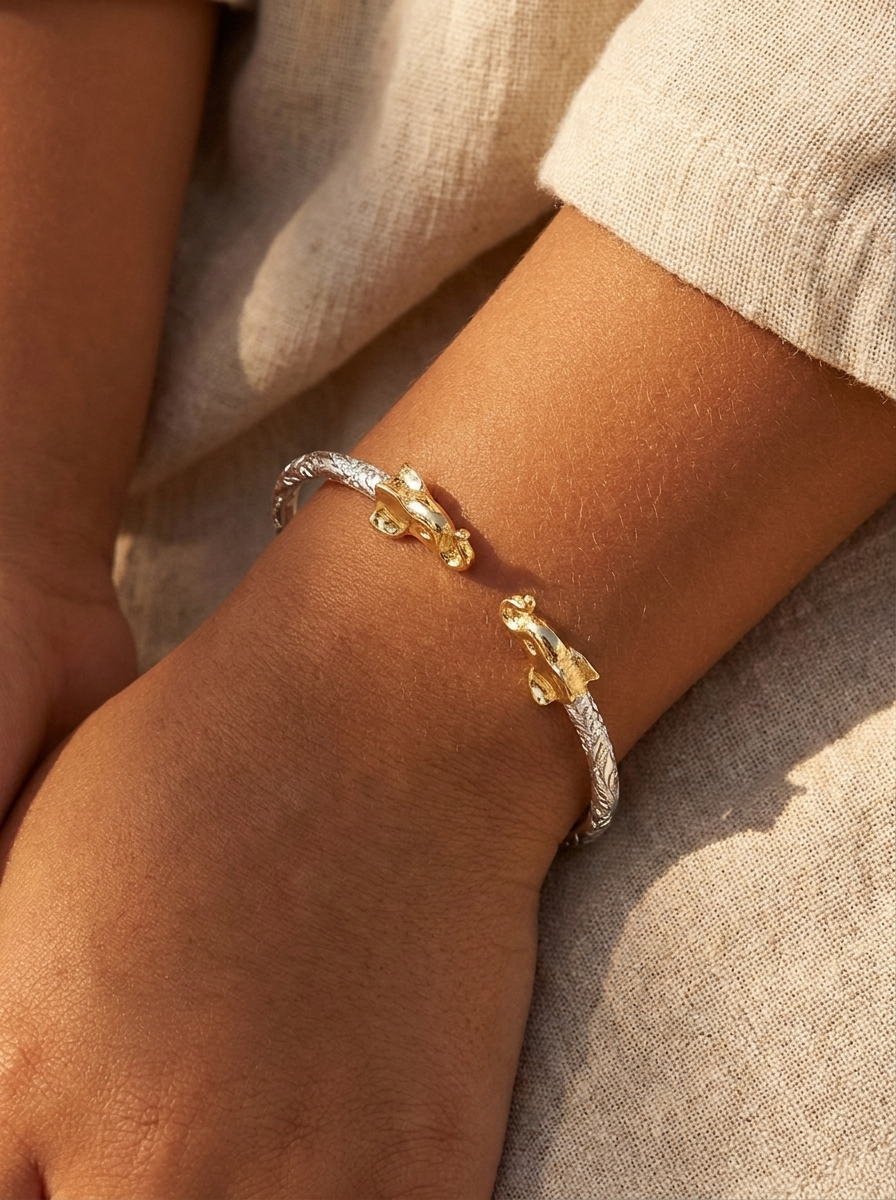Better Jewelry Elephant .925 Sterling Silver + 14K Gold Ends West Indian Bangle
