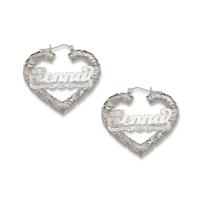 Better Jewelry Heart Bamboo Silver Hoops with Personalized Name