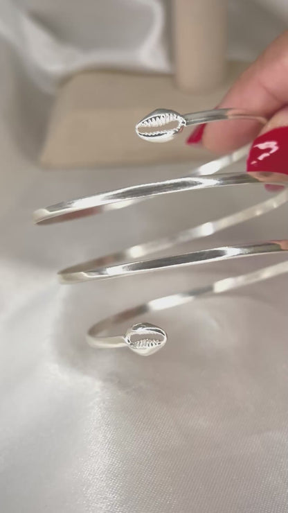 Sterling Silver Cowrie Shell Spiral Cuff Bracelet