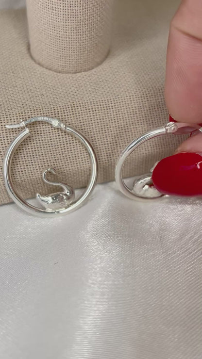 Swan .925 Sterling Silver Hoop Earrings