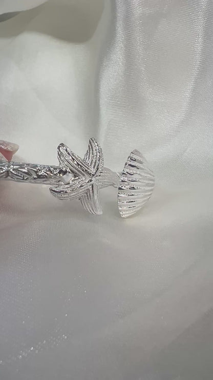 Solid .925 Sterling Silver Summer Dream Bangle, Scallop Sea Shell w. Starfish Ends Bangle, 1 piece