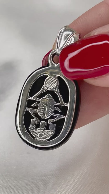 Sterling Silver Egyptian Scarab Pendant with Black Inlay