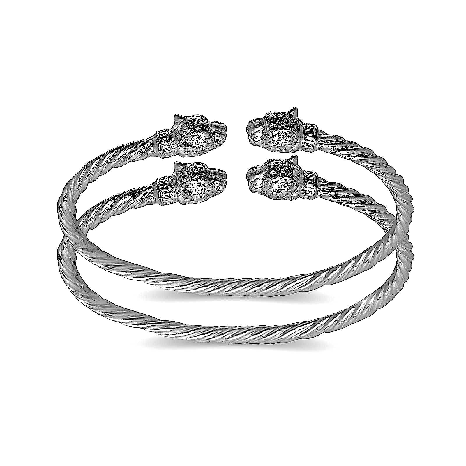 Jaguar head coiled rope West Indian bangle .925 Sterling silver MADE IN USA (pair) - Betterjewelry