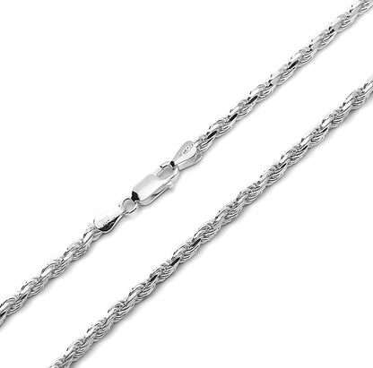 Better Jewelry 3.2mm Rope Diamond cut Chain Necklace .925 Sterling Silver w. Rhodium plate