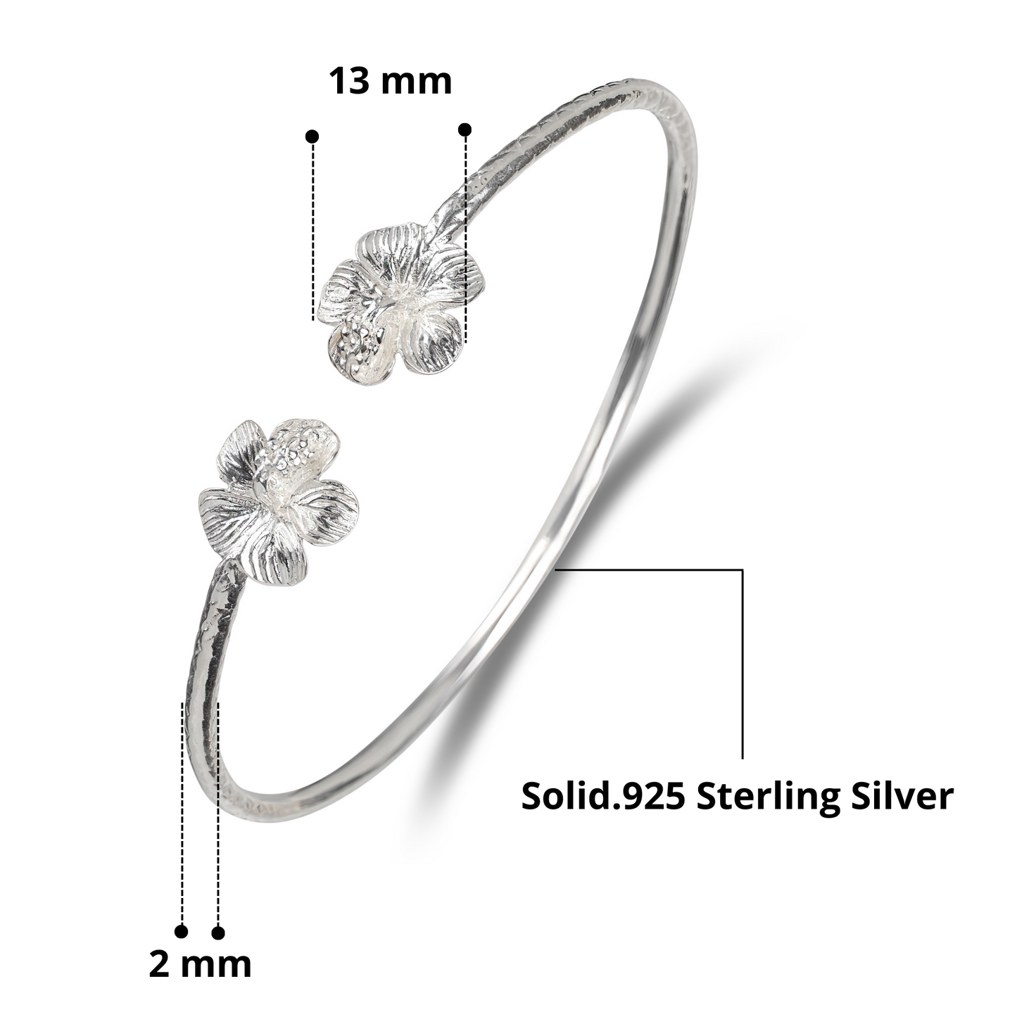 Better Jewelry Flower Hibiscus .925 Sterling Silver West Indian Bangles, 1 pair