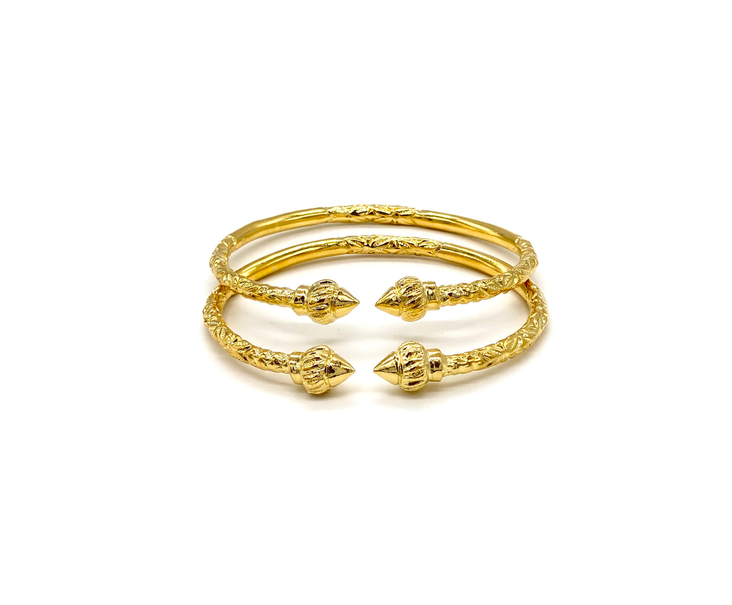 Better Jewelry Solid .925 Sterling Silver Ridged Arrow Taj Mahal Ends West Indian Bangles Plated with 14K Gold, 1 pair