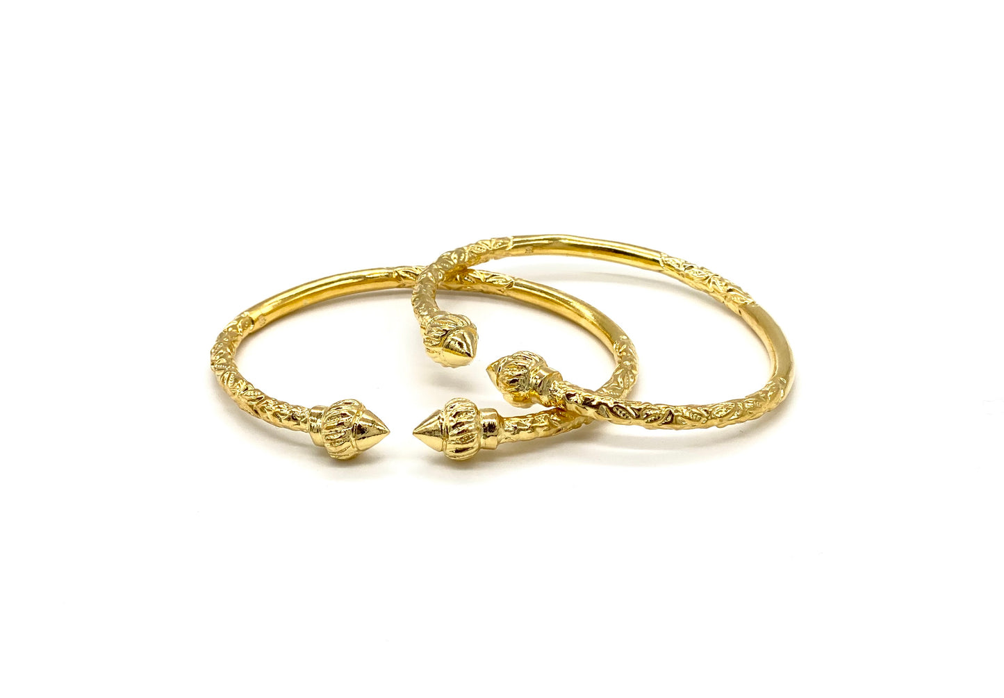 Better Jewelry Solid .925 Sterling Silver Ridged Arrow Taj Mahal Ends West Indian Bangles Plated with 14K Gold (PAIR)