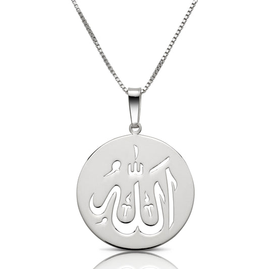 Allah round plate pendant w. box chain .925 sterling silver - Betterjewelry