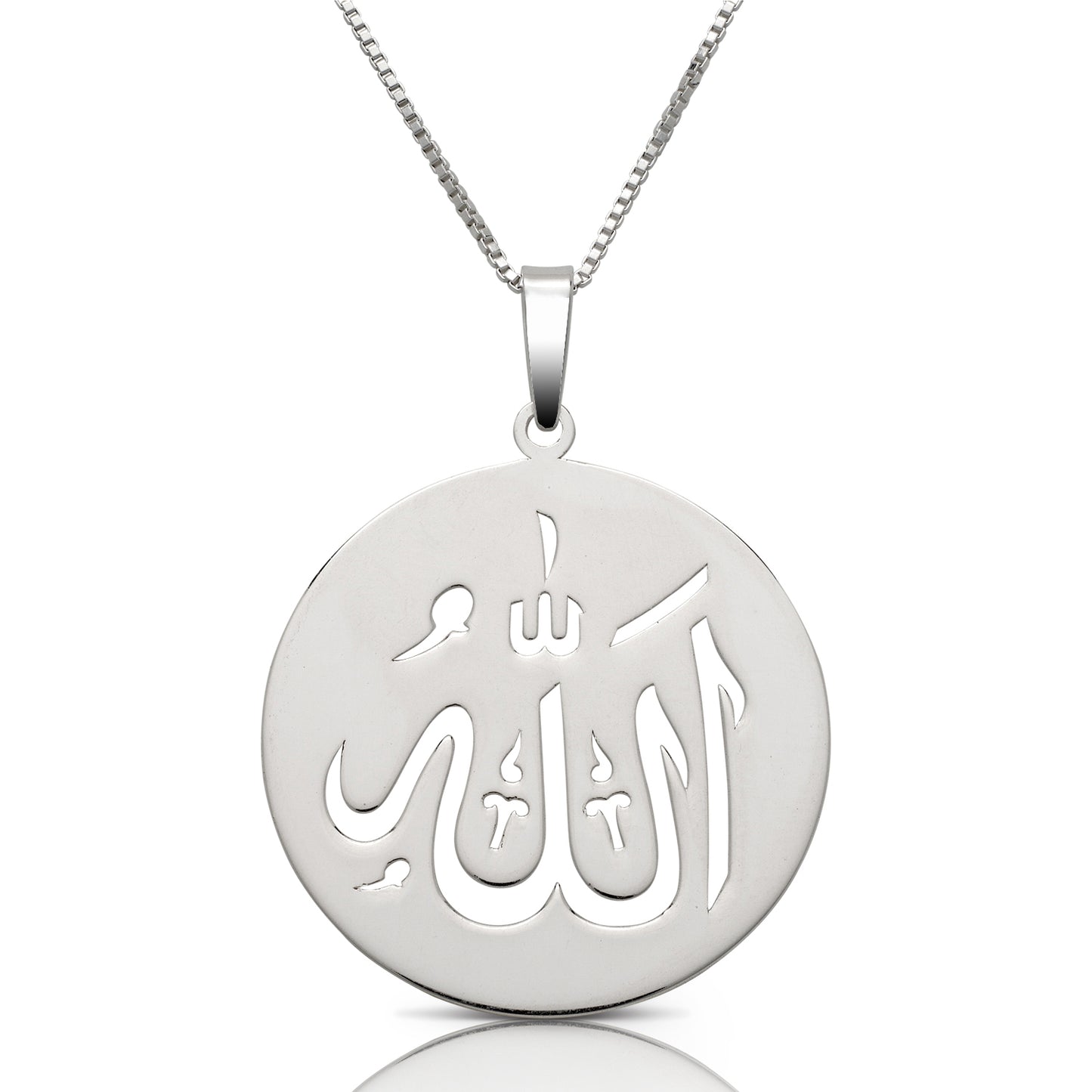 Allah round plate pendant w. box chain .925 sterling silver - Betterjewelry
