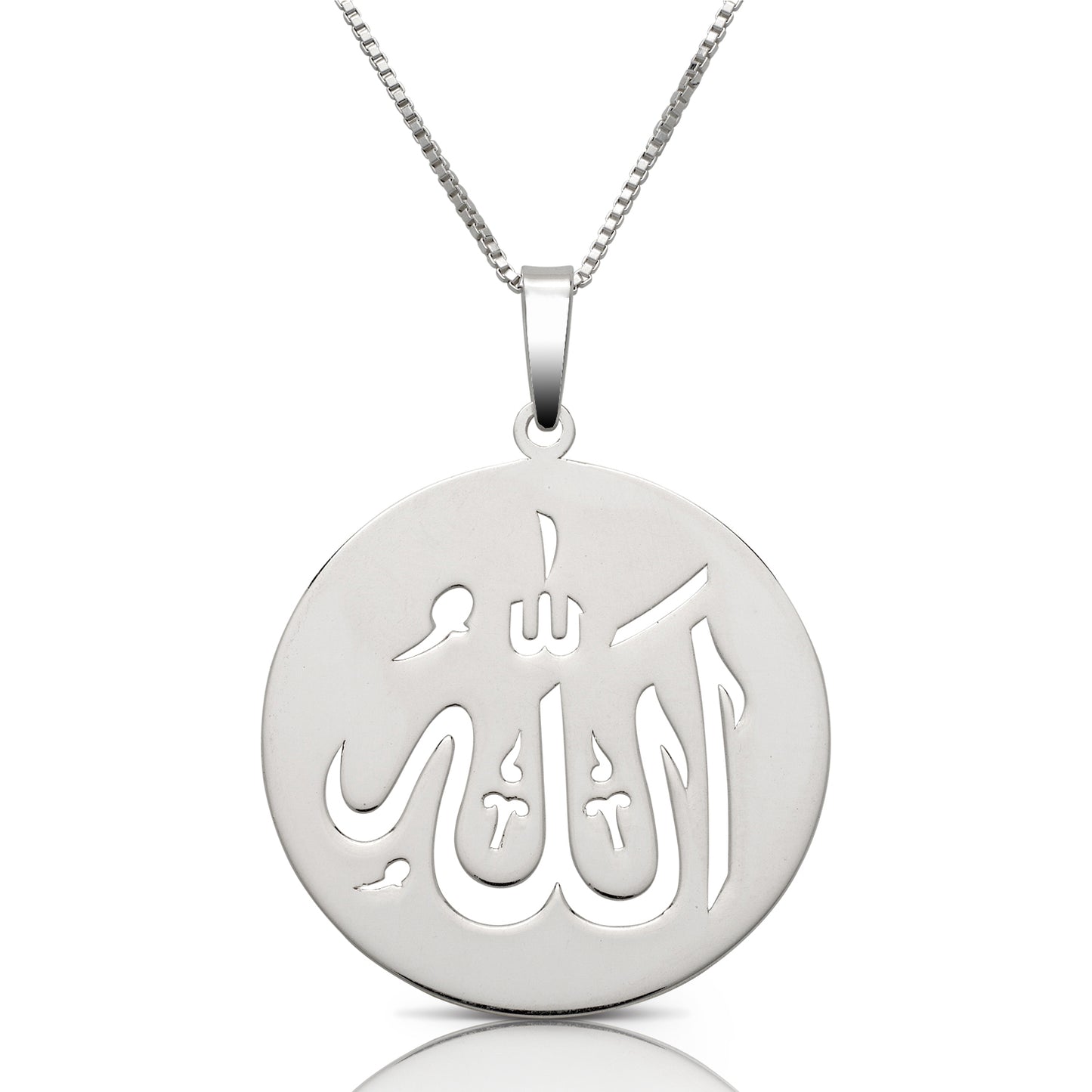 Allah round plate pendant w. box chain .925 sterling silver - Betterjewelry