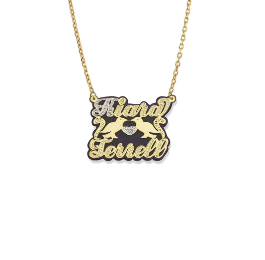 Better Jewelry Two Names Black Onyx Birds Diamond Cut Script 10K Gold Nameplate Necklace