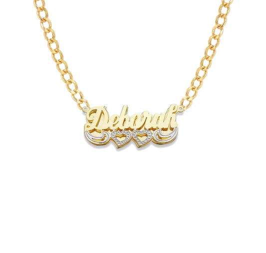 Better Jewelry Script Two Hearts Design 14K Gold Double Nameplate Necklace