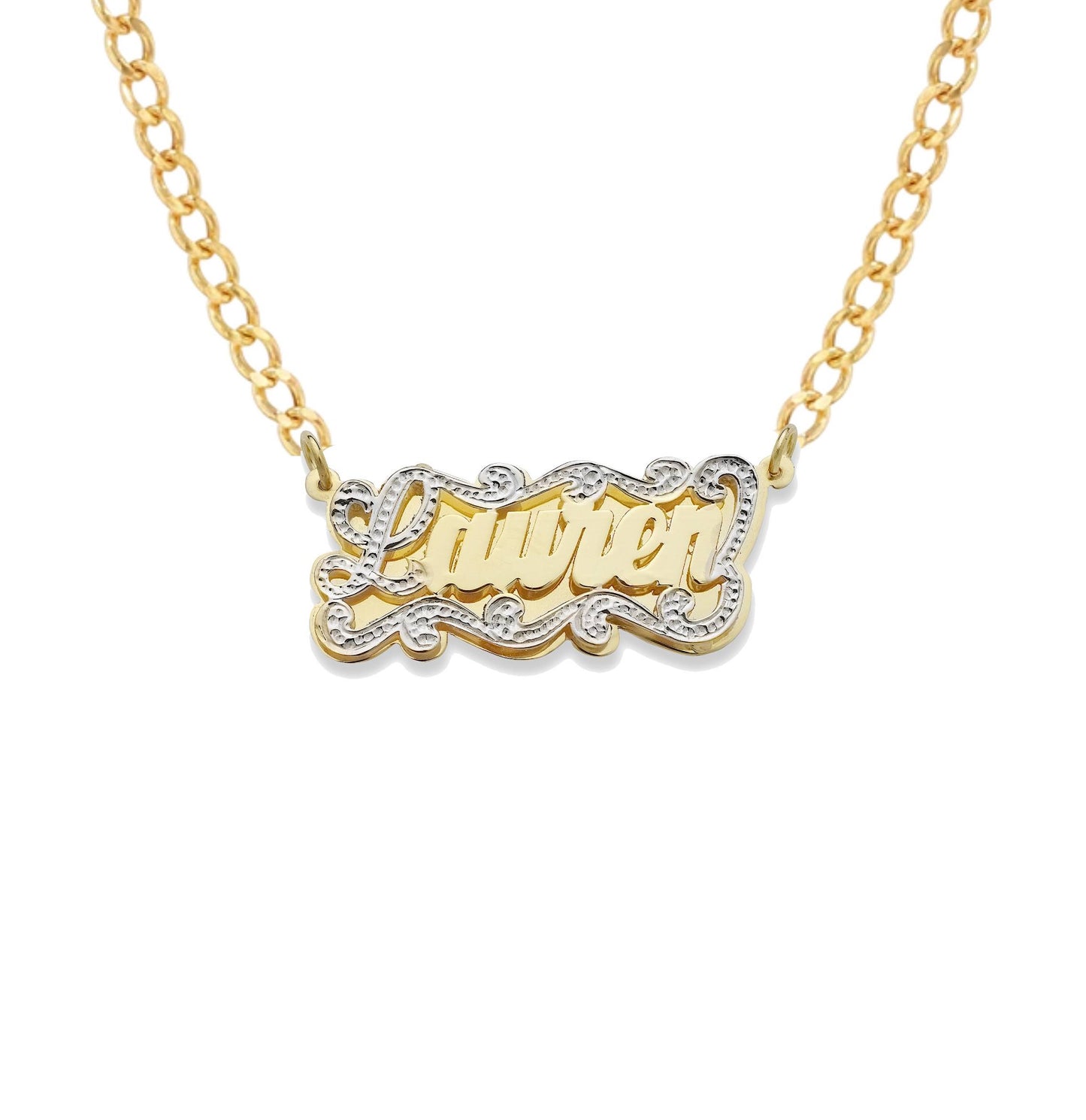 Better Jewelry Script 10K Gold Double Nameplate with Design on Top Necklace