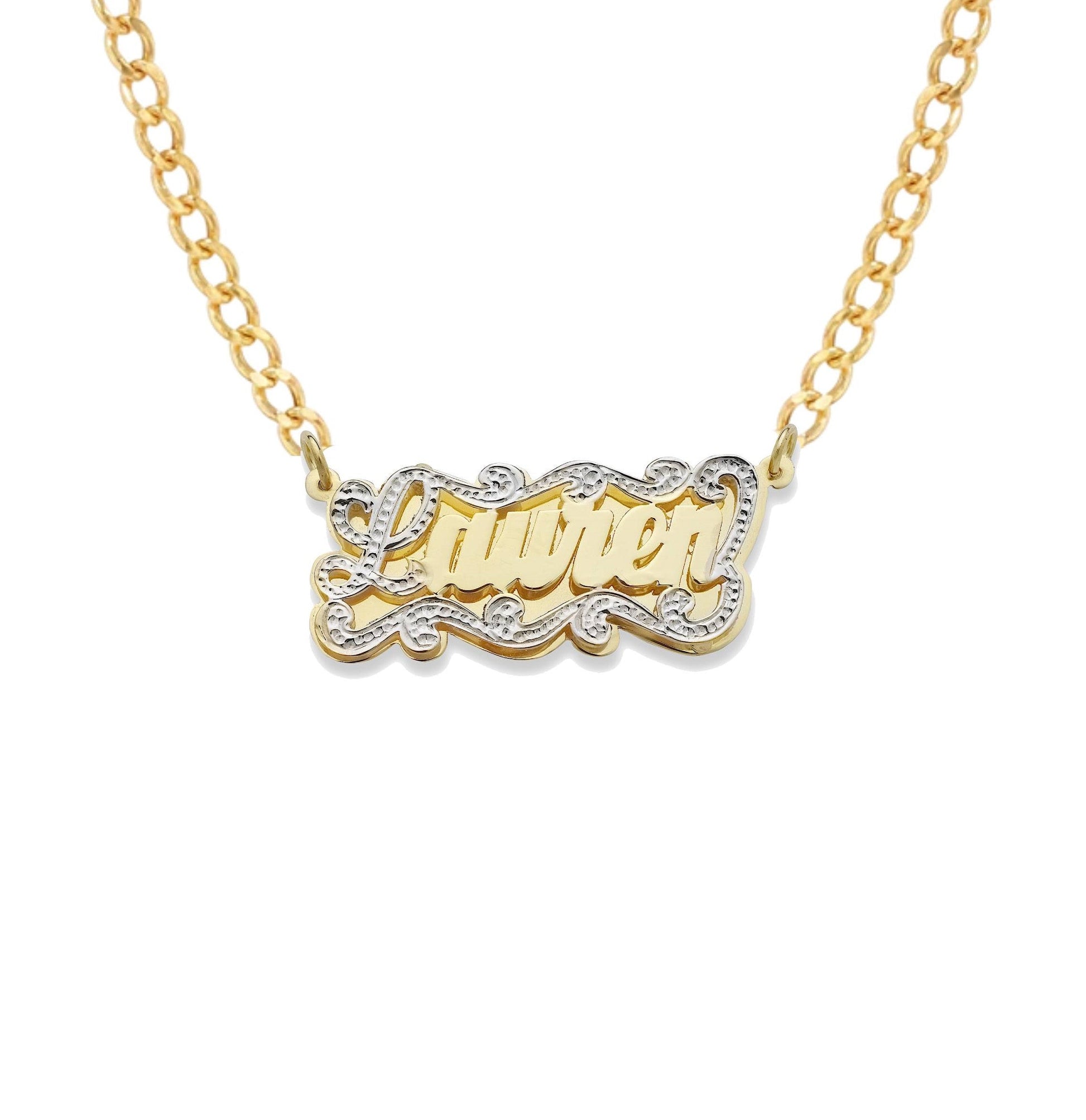 Better Jewelry Script 14K Gold Double Nameplate with Design on Top