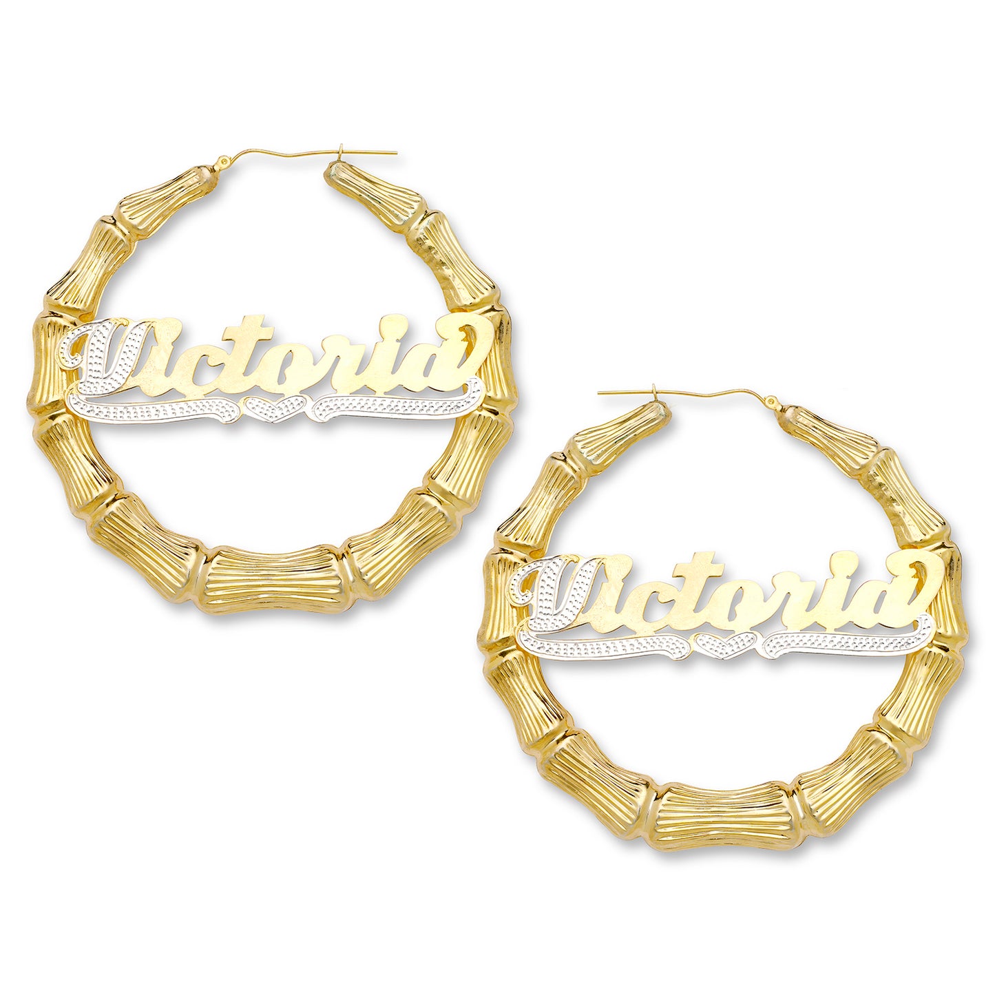 Better Jewelry Large Personalized .925 Sterling Silver Bamboo Hoops Plated with 14K Yellow Gold