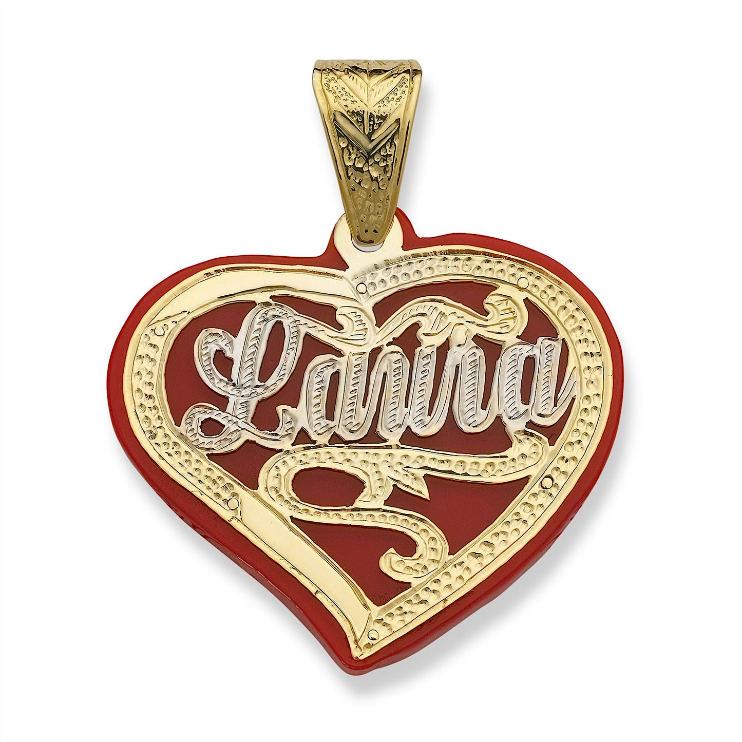 Better Jewelry Heart Red Onyx Birds Diamond Cut Script 14K Gold Nameplate Pendant