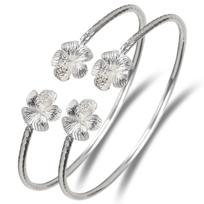 Better Jewelry Flower Hibiscus .925 Sterling Silver West Indian Bangles, 1 pair