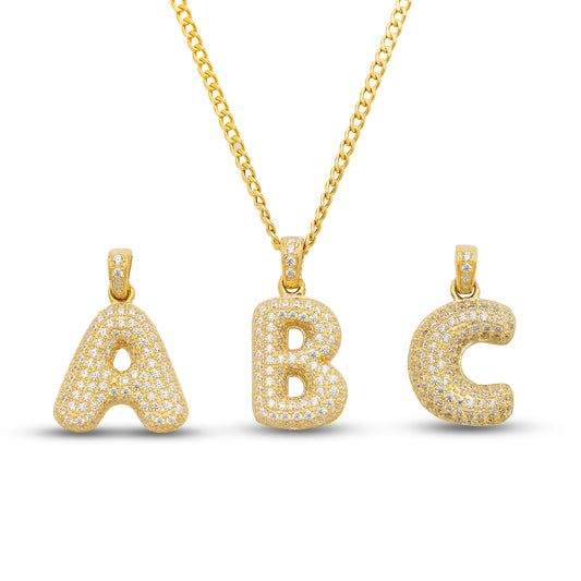Better Jewelry 10K Yellow Gold Bubble Letter Initial Pendant Necklace CZ Stones