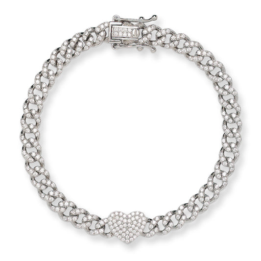 Better Jewelry .925 Sterling Silver Miami Cuban Chain Heart Bracelet w. CZ Stones