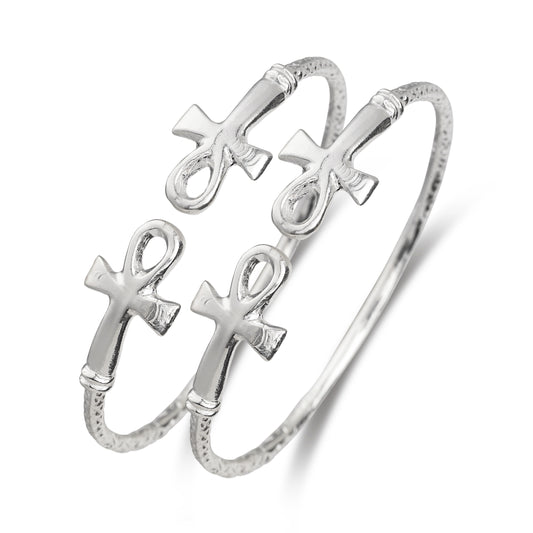 Better Jewelry Solid .925 West Indian Silver Bangles with Ankh Cross Ends, 1 pair