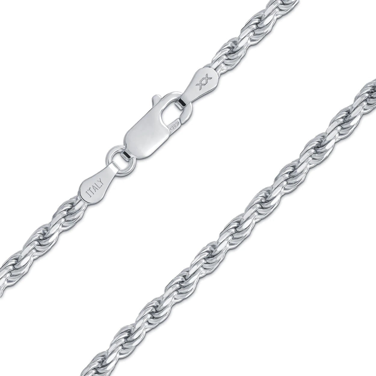 Better Jewelry 3.2mm Rope Diamond cut Chain Necklace .925 Sterling Silver w. Rhodium plate