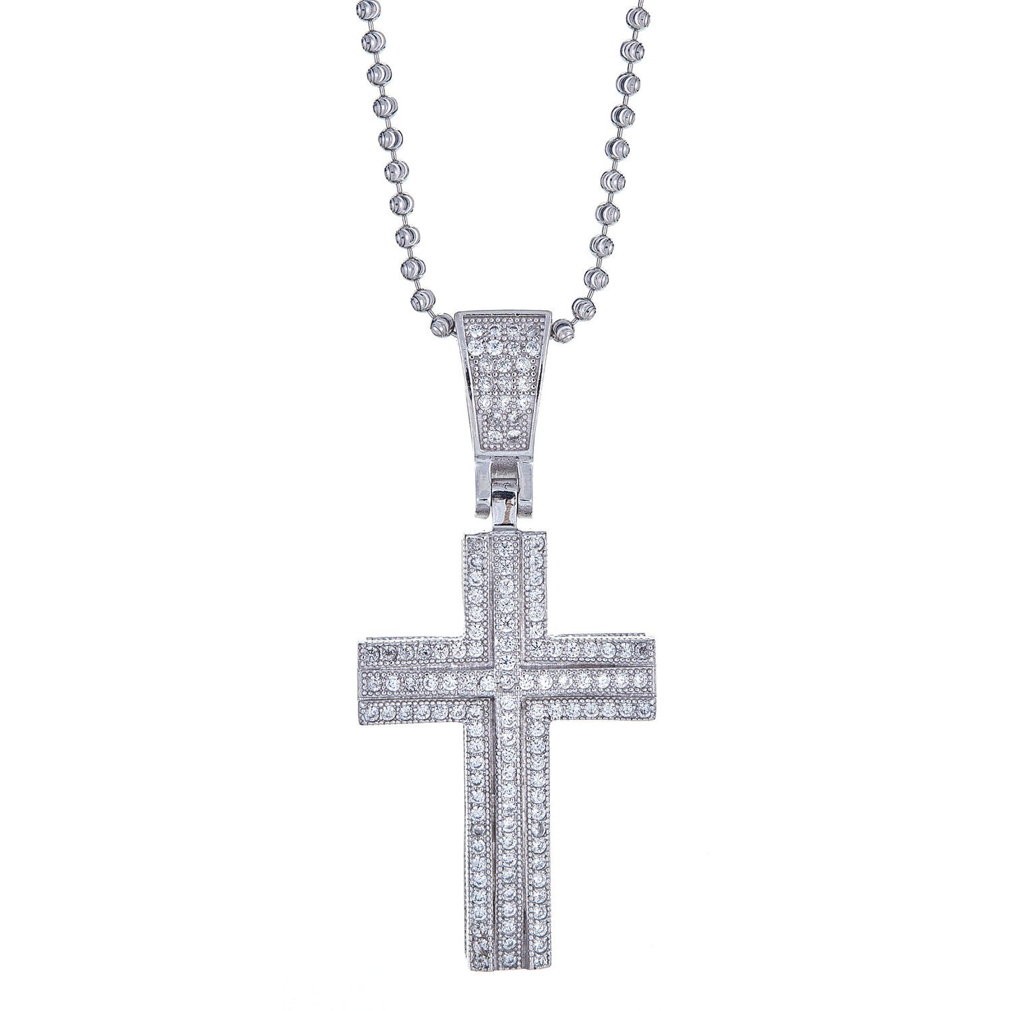 925 Sterling Silver Cross Micro Pave Pendant and Moon Cut Chain, 20 grams - Betterjewelry
