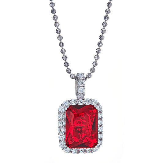 Red Magnificent Solitaire, 925 Sterling Silver, Micro-Pave Vintage Pendant and Moon Cut Ball Chain - 15 Grams - Betterjewelry