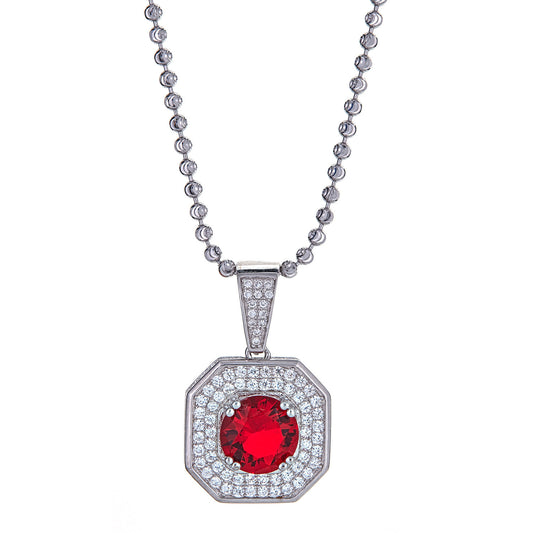 Red Magnificent Square Solitaire, 925 Sterling Silver, Micro-Pave Vintage Pendant and Moon Cut Ball Chain - 13 Grams - Betterjewelry