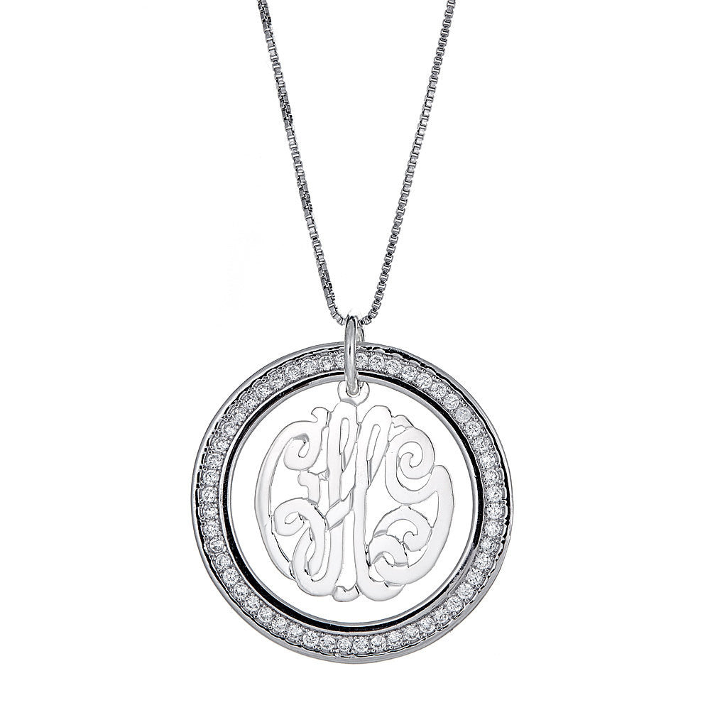 CZ Halo Script Three-Letter .925 Sterling Silver Monogram Pendant with Chain (6 grams) - Betterjewelry