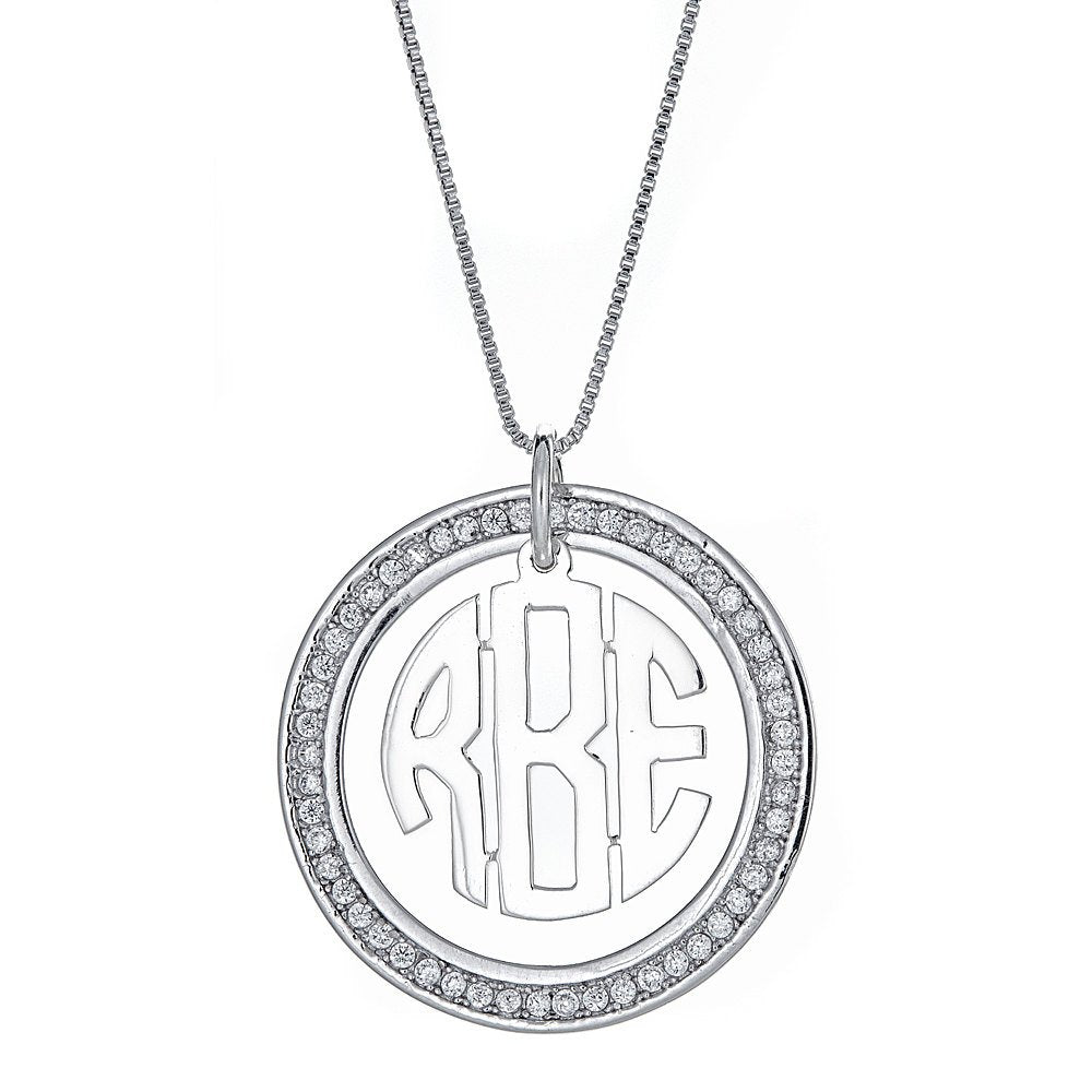 CZ Halo Modern Three Letter .925 Sterling Silver Monogram Pendant with Chain (6 grams) - Betterjewelry