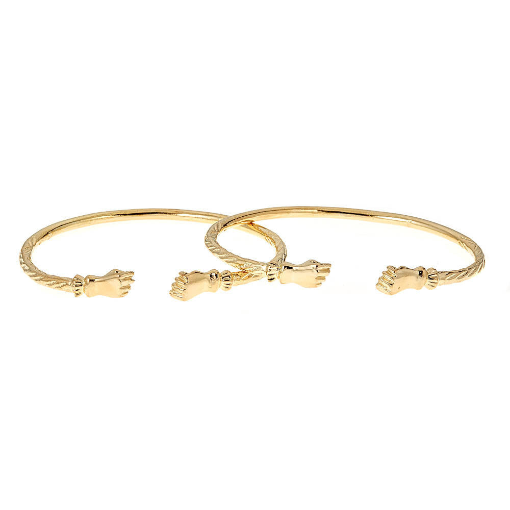 Solid .925 Sterling Silver Fist Ends West Indian Bangles Plated with 14K Gold (PAIR) - Betterjewelry