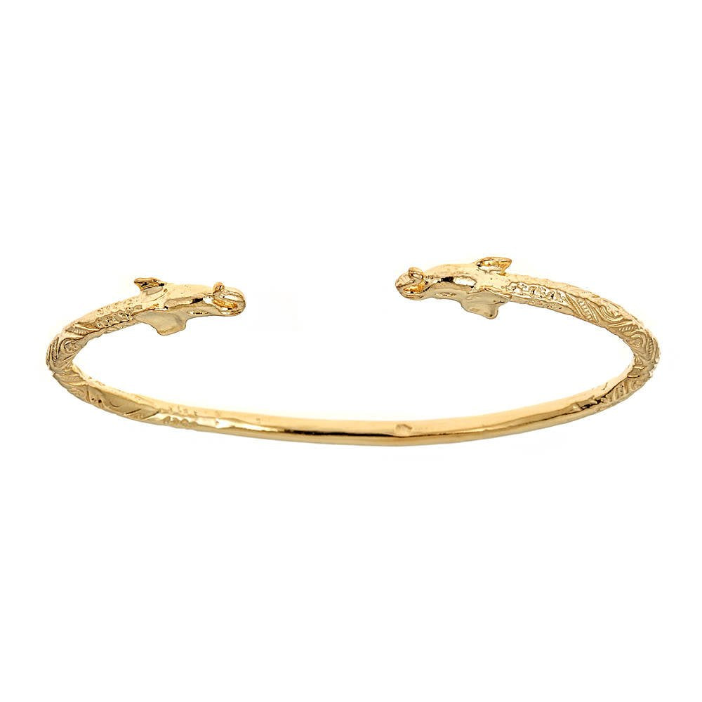 Solid .925 Sterling Silver Elephant Ends West Indian Bangle Plated with 14K Gold (22 grams) - Betterjewelry