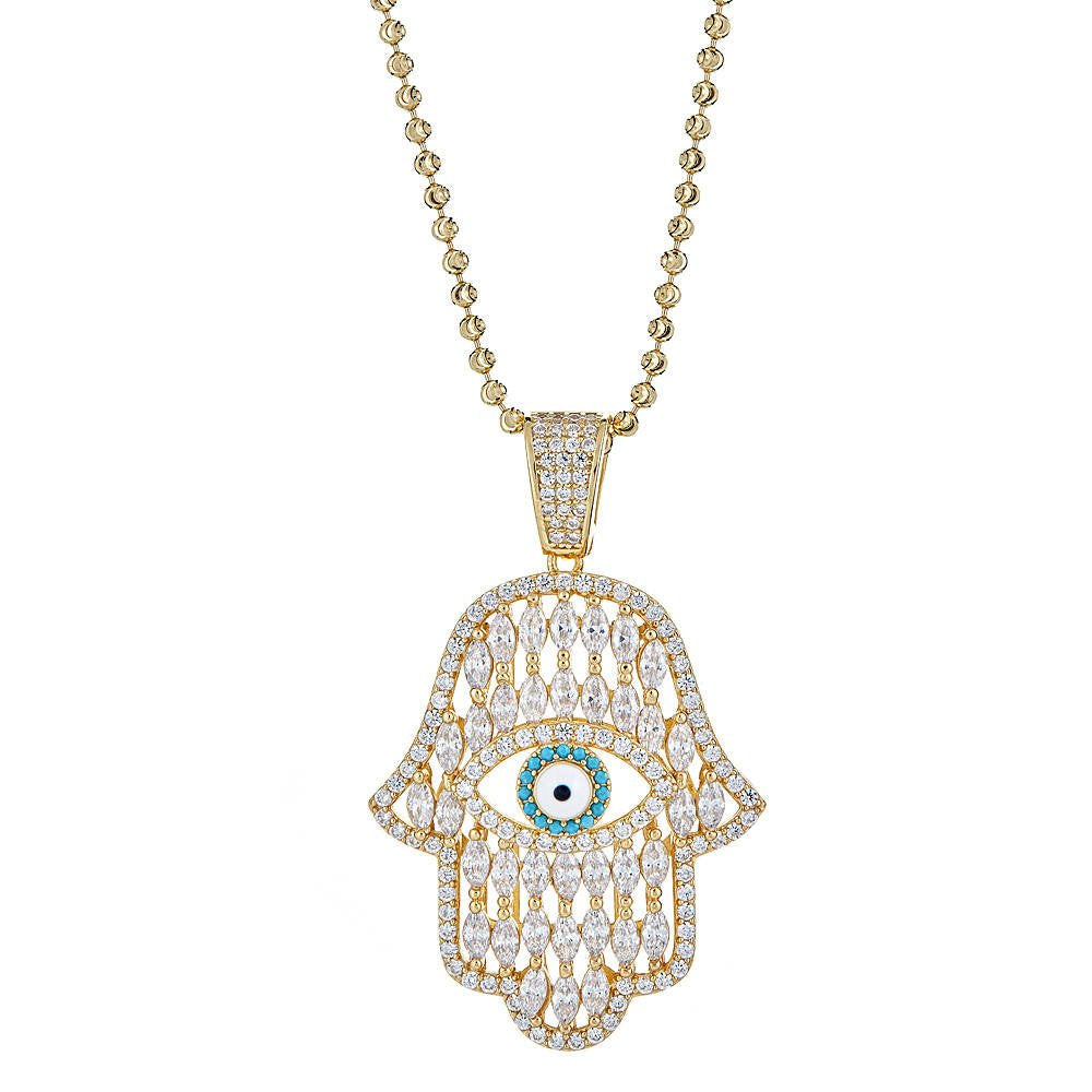 Fancy CZ Hamsa Hand & Evil Eye Pendant w. Moon Cut Chain .925 Sterling Silver Plated in Gold - Betterjewelry
