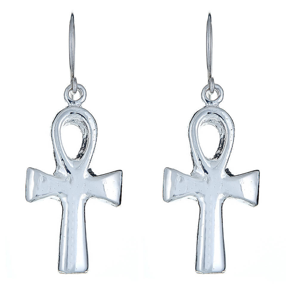 Solid .925 Sterling Silver Smooth Ankh Cross Earrings (Made in USA) - Betterjewelry