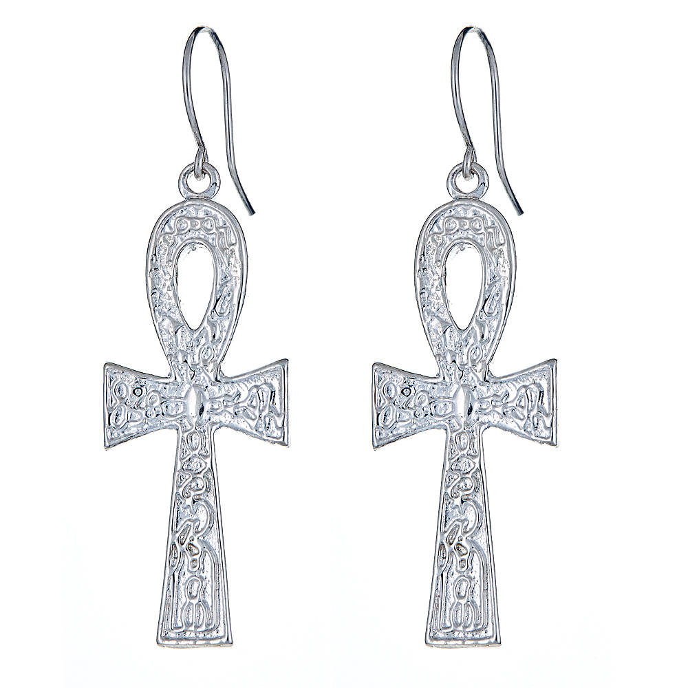 Solid .925 Sterling Silver Etched Ankh Cross Earrings (Made in USA) - Betterjewelry