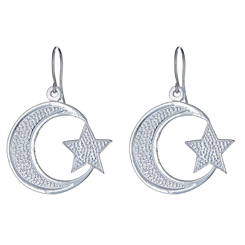 Solid .925 Sterling Silver Small Islamic Crescent Moon & Star Earrings (Made in USA) - Betterjewelry