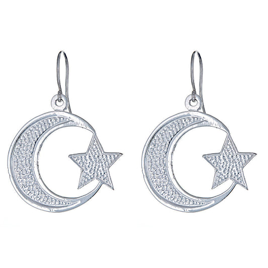 Solid .925 Sterling Silver Small Islamic Crescent Moon & Star Earrings (Made in USA) - Betterjewelry