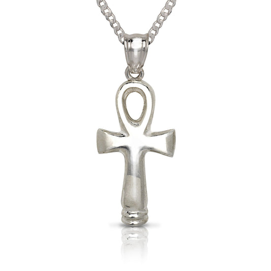 NEW .925 Sterling Silver Smooth Ankh Pendant w. Cuban Chain Set (Made in USA) - Betterjewelry