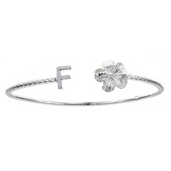 Personalized Letter + Flower End West Indian Bangle .925 Sterling Silver - Betterjewelry